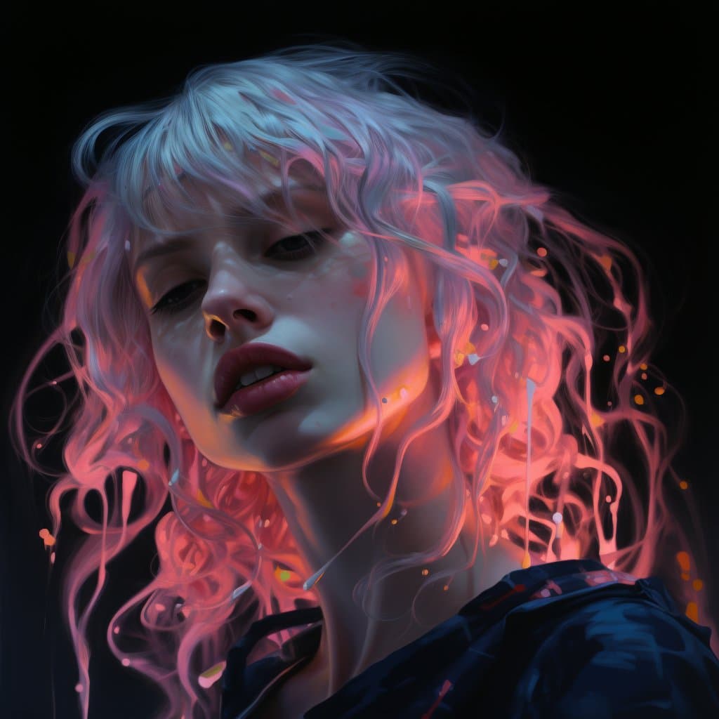 A digital art portrait of a person with wavy, light-colored hair illuminated by vibrant pink and orange neon lighting against a black background. The image features a stylized, painterly aesthetic with glowing highlights on the subject's face and hair.