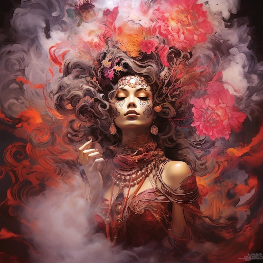 A surreal digital painting of a woman with elaborate, swirling dark hair adorned with large pink and orange flowers. She has ornate facial markings and jewelry, set against a background of swirling red and white smoke.