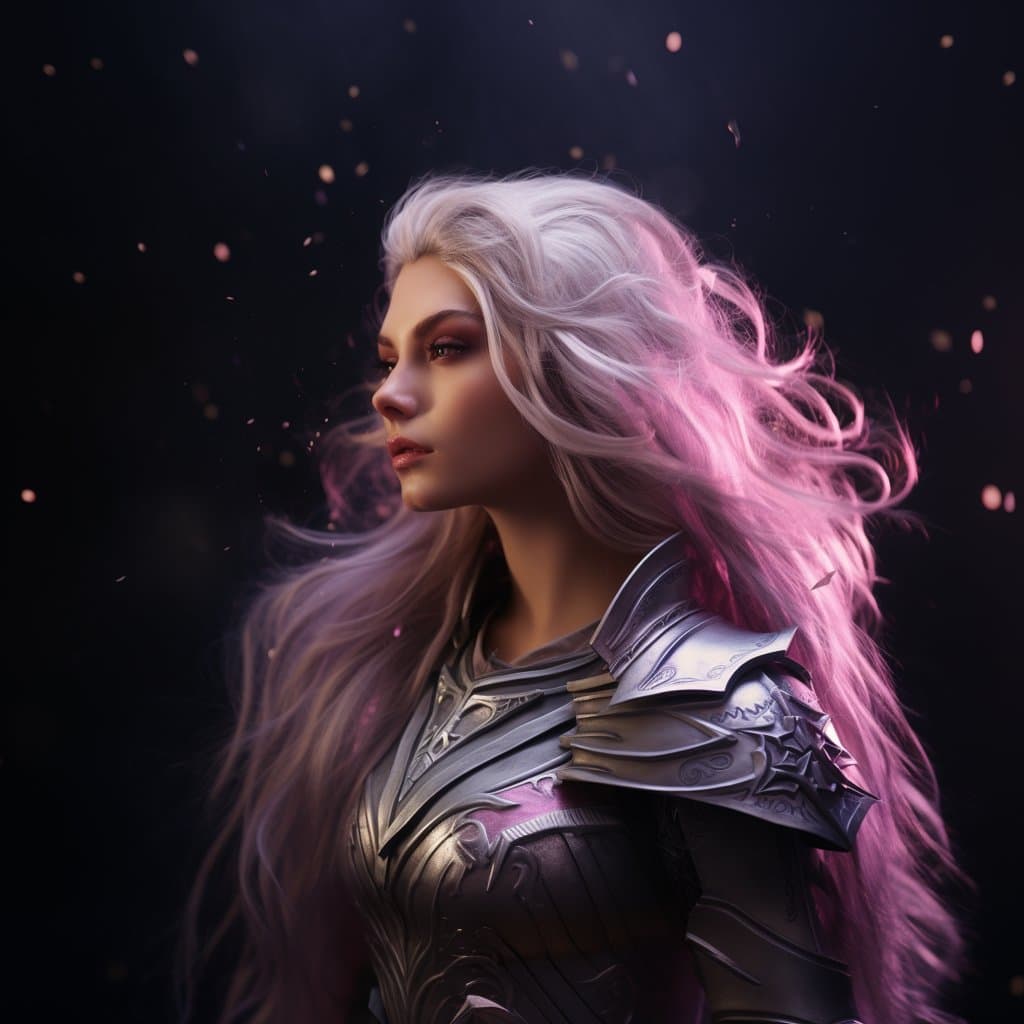 A digital fantasy portrait of a woman with long, flowing white and pink hair, wearing ornate silver armor, set against a dark background with floating particles. The image has a high-resolution, AI-generated aesthetic.