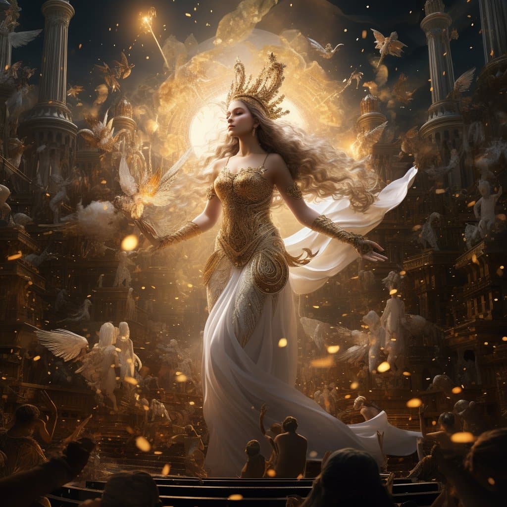 A digital fantasy illustration depicting a woman in an ornate golden dress and crown, holding a glowing bird, standing before a grand, illuminated temple filled with angelic figures and onlookers.