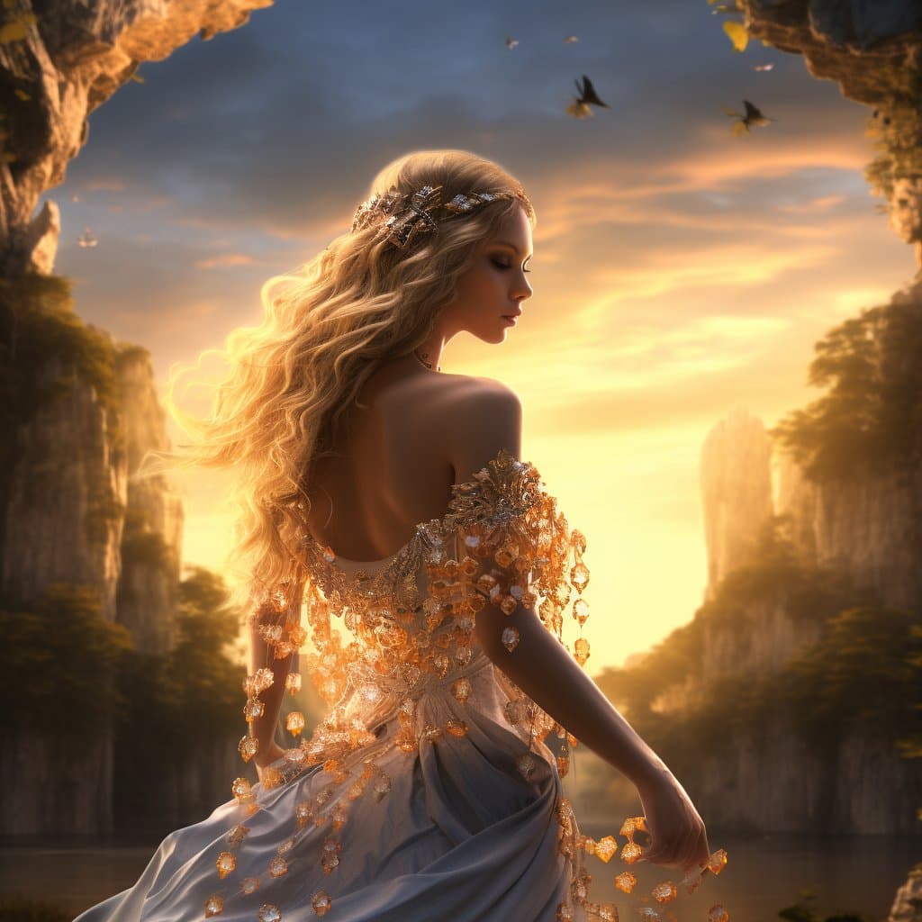 A digital fantasy illustration of a woman with long, wavy blonde hair and an ornate, crystal-encrusted gown, standing in profile against a backdrop of a glowing sunset and towering rock formations. The scene is framed by a natural stone archway, with birds flying in the sky above.
