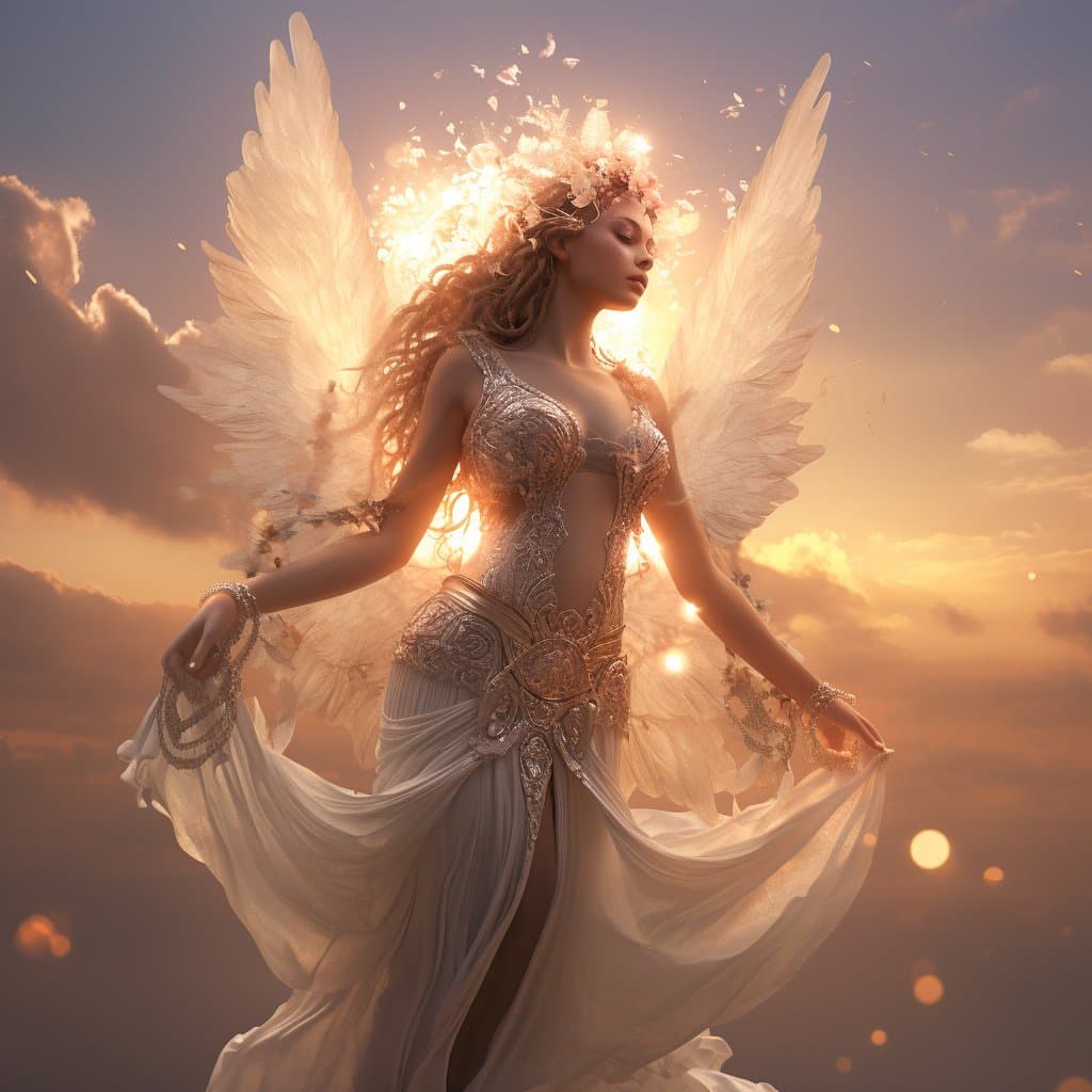A digital artwork depicting a winged figure with large white feathered wings, wearing an ornate white and gold gown, standing against a glowing sunset sky with clouds. The figure has long wavy hair and is holding the flowing fabric of their dress.