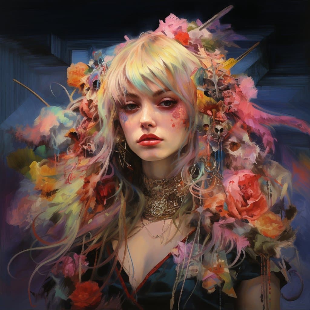 A digital painting of a young woman with long, pastel-colored hair adorned with vibrant flowers and feathers. She wears an ornate gold choker and has floral makeup on her cheeks, set against a dark, atmospheric background.