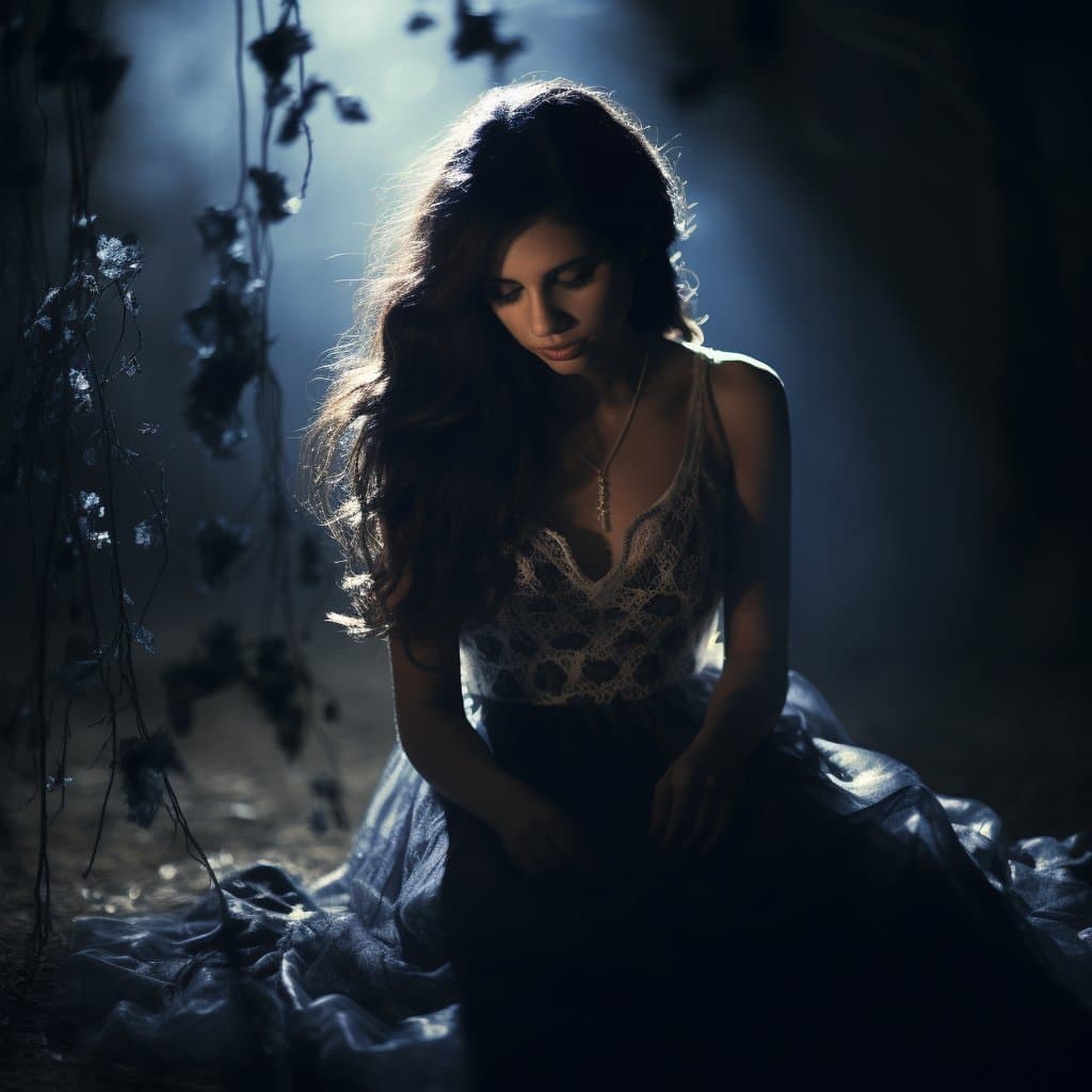 A woman with long, dark hair sits in a dimly lit, misty environment, wearing a lace top and a flowing skirt. She is looking downward with a contemplative expression, surrounded by hanging vines and soft, ethereal light.