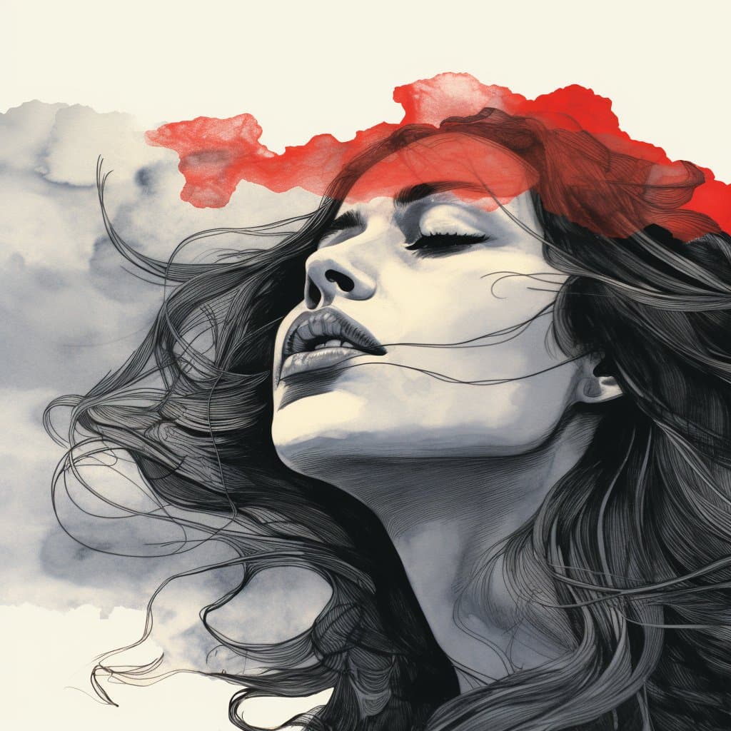 A stylized digital illustration of a woman's face in profile with her eyes closed and mouth slightly open, set against a cloudy background. The artwork features a monochromatic black-and-white palette for the figure, with a vibrant red watercolor wash highlighting the top of her head and hair.