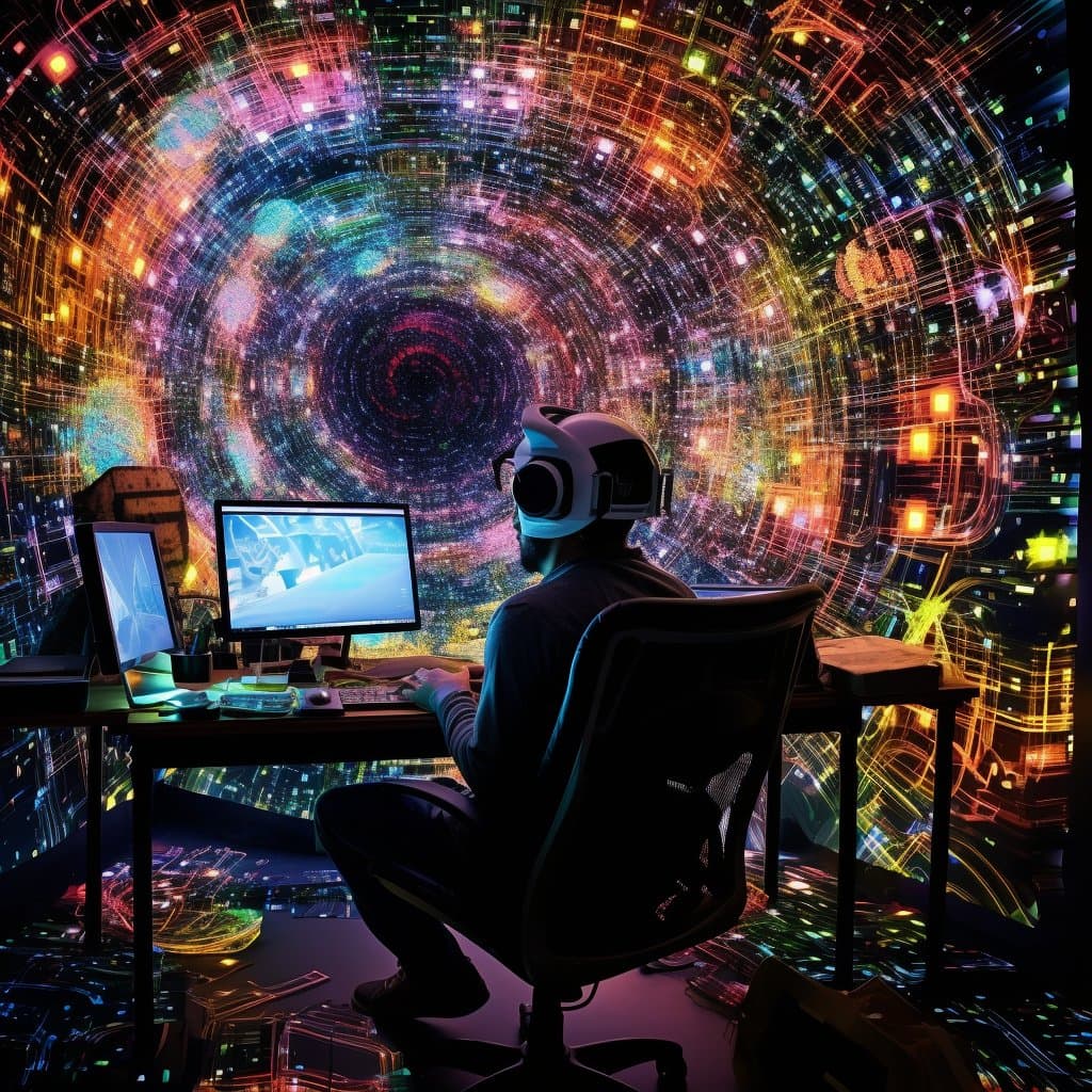 A digital illustration of a person wearing a virtual reality headset, seated at a desk with two computer monitors, facing a large, swirling tunnel of colorful, glowing circuit-like patterns. The scene depicts a futuristic, immersive digital environment.