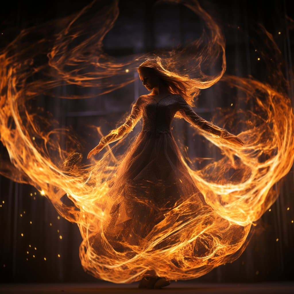A digital artwork depicting a woman in a flowing dress surrounded by swirling, fiery orange energy and sparks against a dark background.