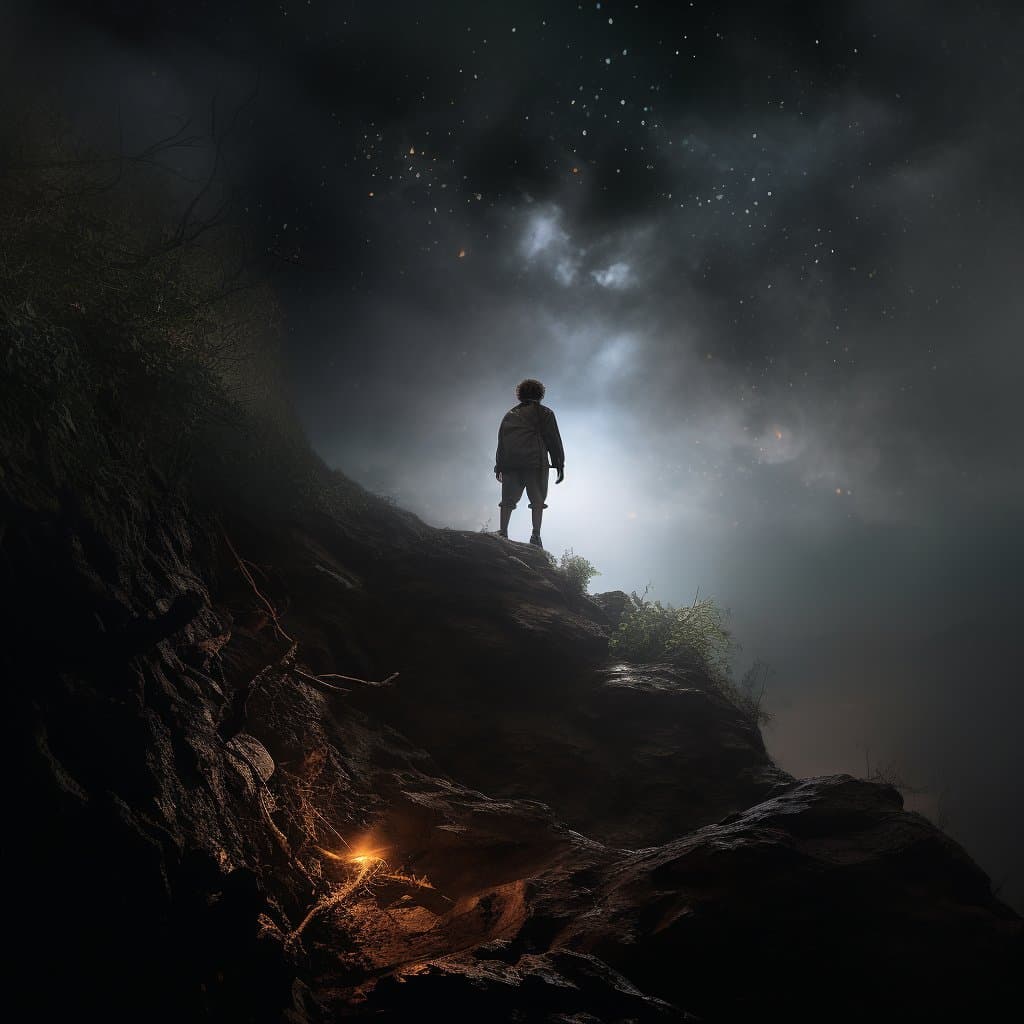 A digital illustration showing a lone figure standing on a rocky cliff edge at night, looking up at a starry sky with a bright celestial glow. A small campfire burns on the rocks below the figure.