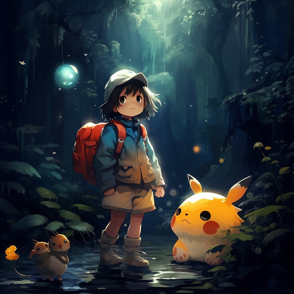 A digital illustration in an anime style depicting a young person with a red backpack standing in a dark, lush forest next to a large, glowing Pikachu and two smaller Pichu creatures. The scene is illuminated by a soft, ethereal light filtering through the trees and a glowing orb floating in the background.