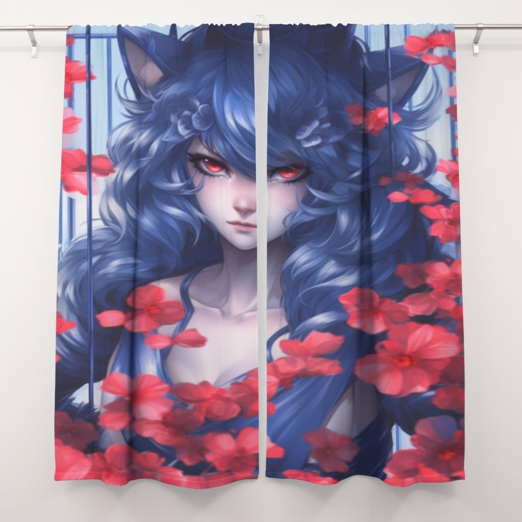 A product mockup of a shower curtain featuring a digital illustration of a blue-haired anime character with red eyes and animal ears, surrounded by red flowers.
