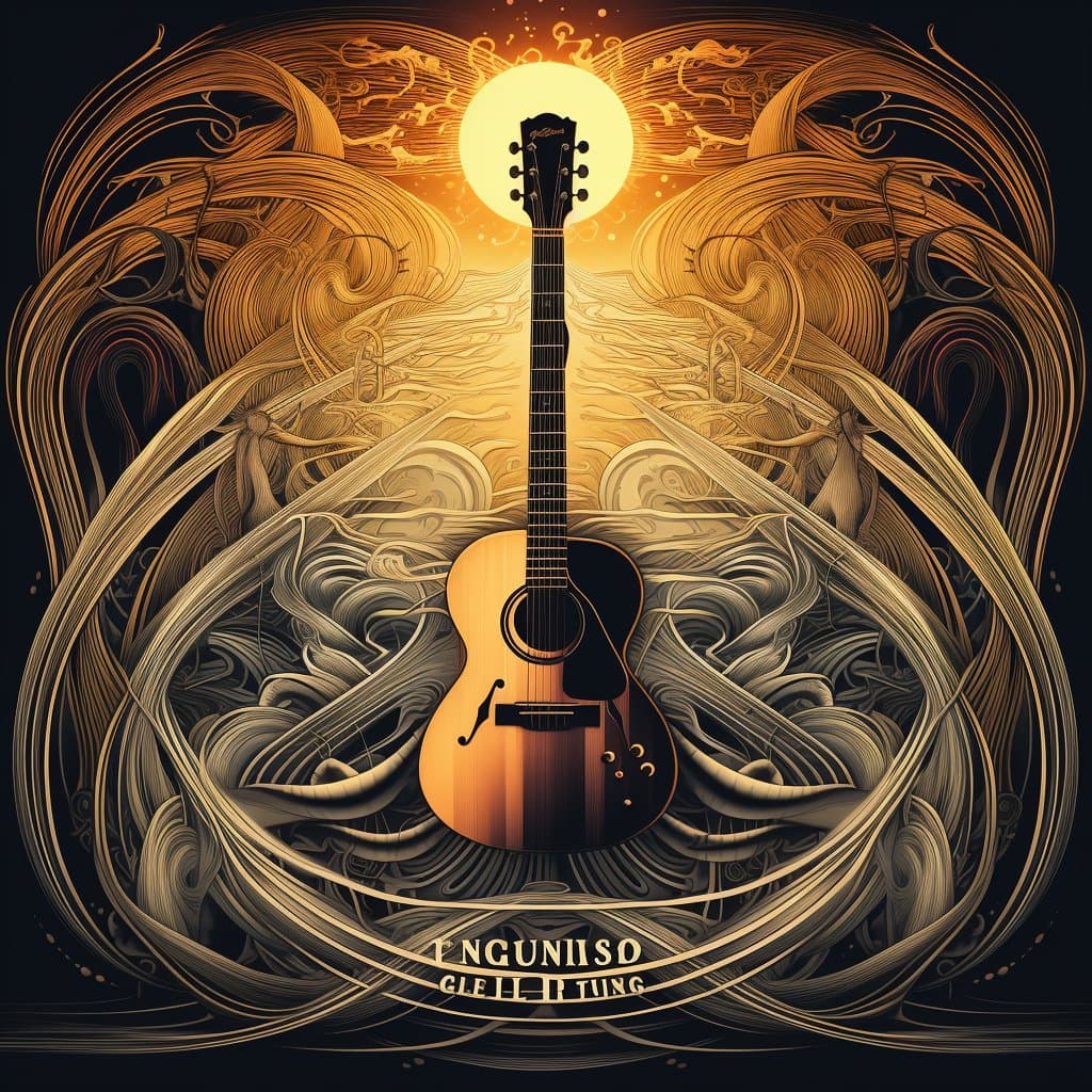 A stylized digital illustration featuring an acoustic guitar centered against a glowing sun, surrounded by intricate, swirling line art in warm amber and black tones. The artwork has a psychedelic, ornate aesthetic with text at the bottom.