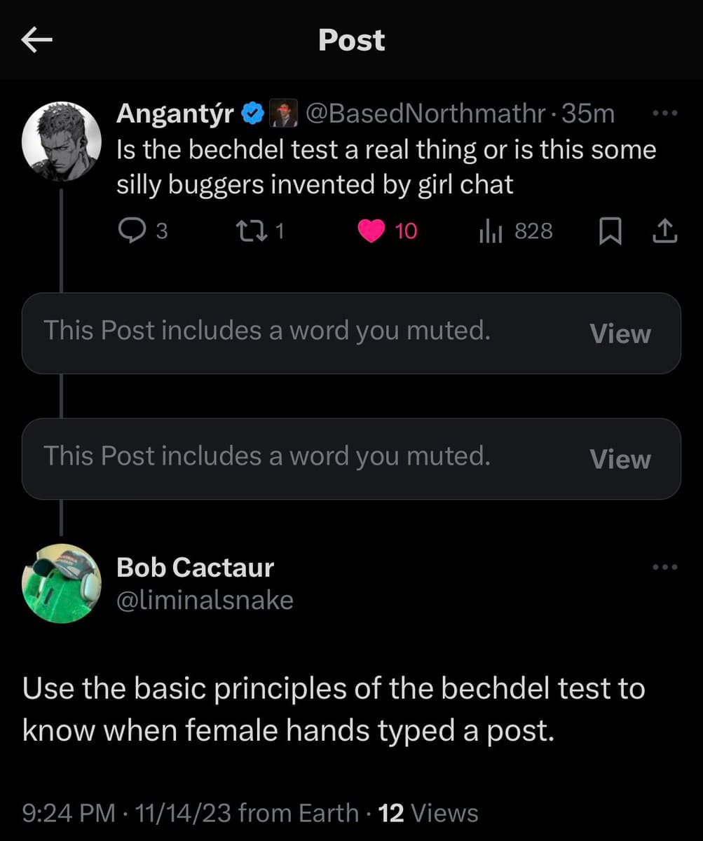 A screenshot of a Twitter thread showing a reply to a post about the Bechdel test. The original post by Angantýr is partially obscured by two 'This Post includes a word you muted' banners, while the reply from Bob Cactaur is fully visible.