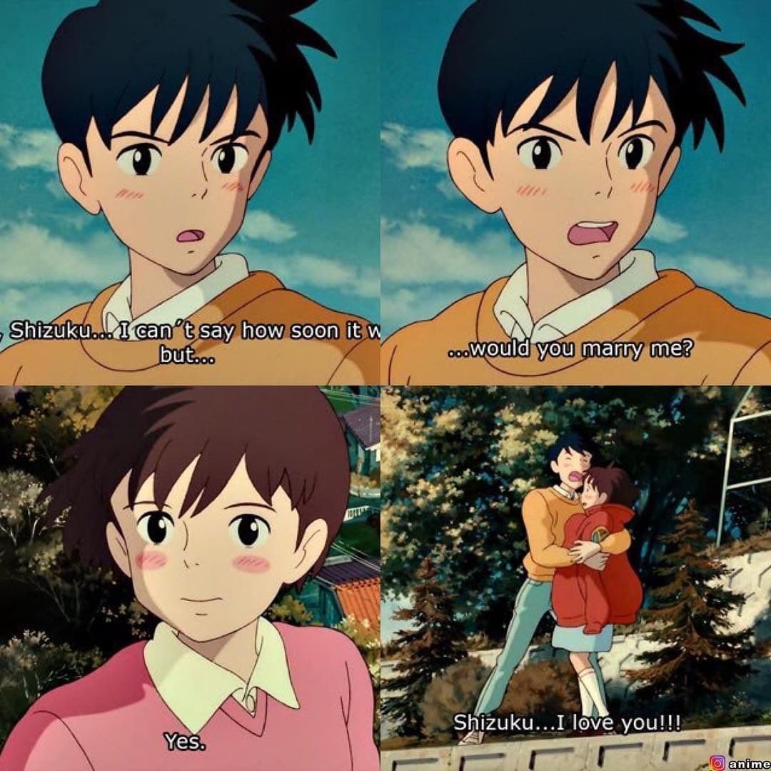 A four-panel meme featuring characters from the anime film 'Whisper of the Heart' (1995). The panels depict a romantic proposal scene with subtitles.