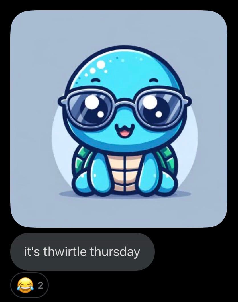 A screenshot of a social media post featuring a cartoon illustration of a cute, blue turtle wearing large, round glasses. Below the image is a text bubble with a caption and a reaction count.