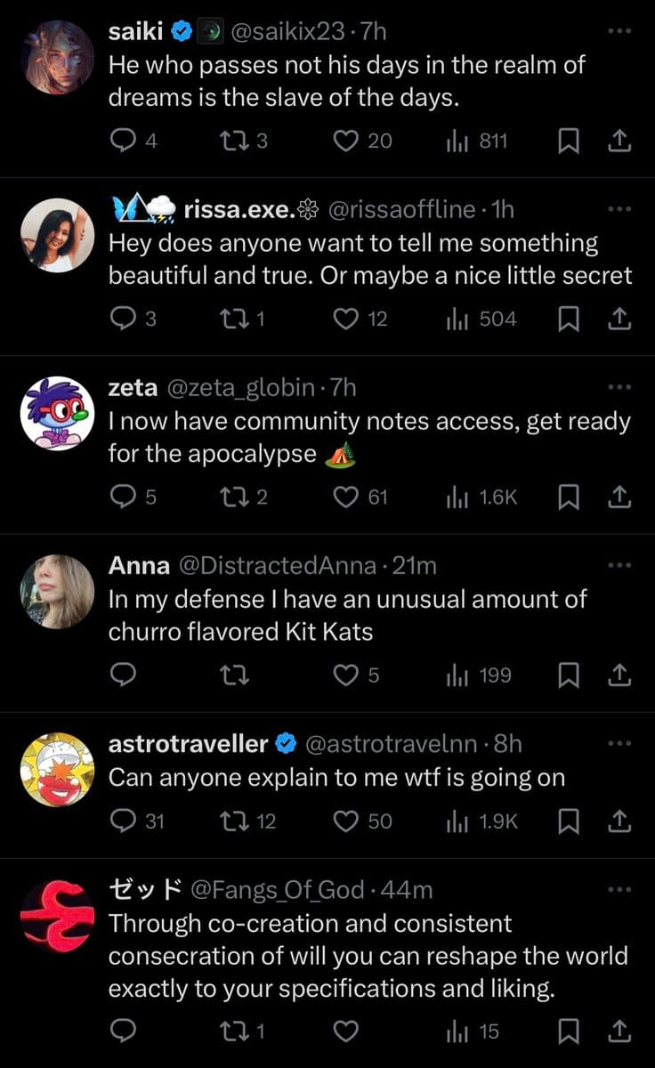 A screenshot of a social media feed displaying a vertical list of six user posts with their profile pictures, handles, and timestamps.