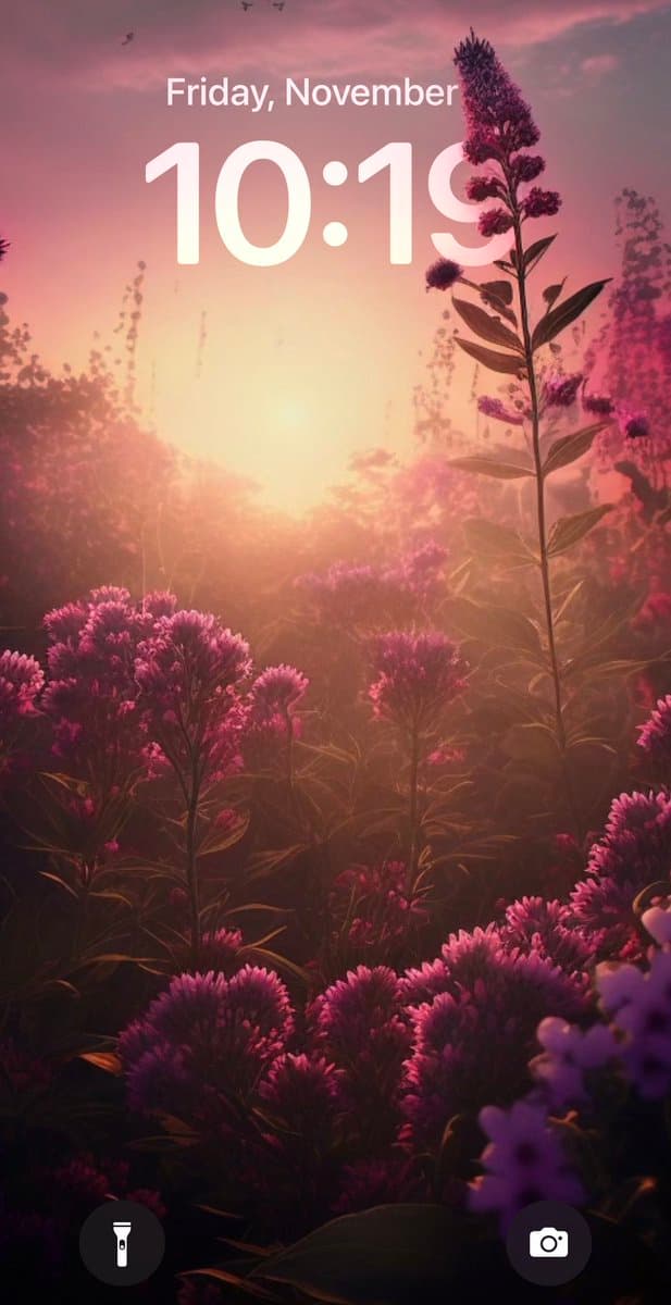 A smartphone lock screen displaying a wallpaper of purple flowers in a field at sunset, with the date and time overlaid in white text at the top.