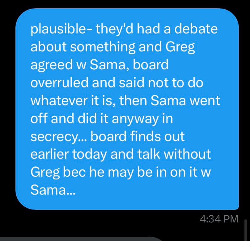 A screenshot of a text message in a blue speech bubble on a dark background. The message speculates about a sequence of events involving individuals named Greg and Sama, a board, and a secret action. The timestamp '4:34 PM' is visible in the bottom right corner.