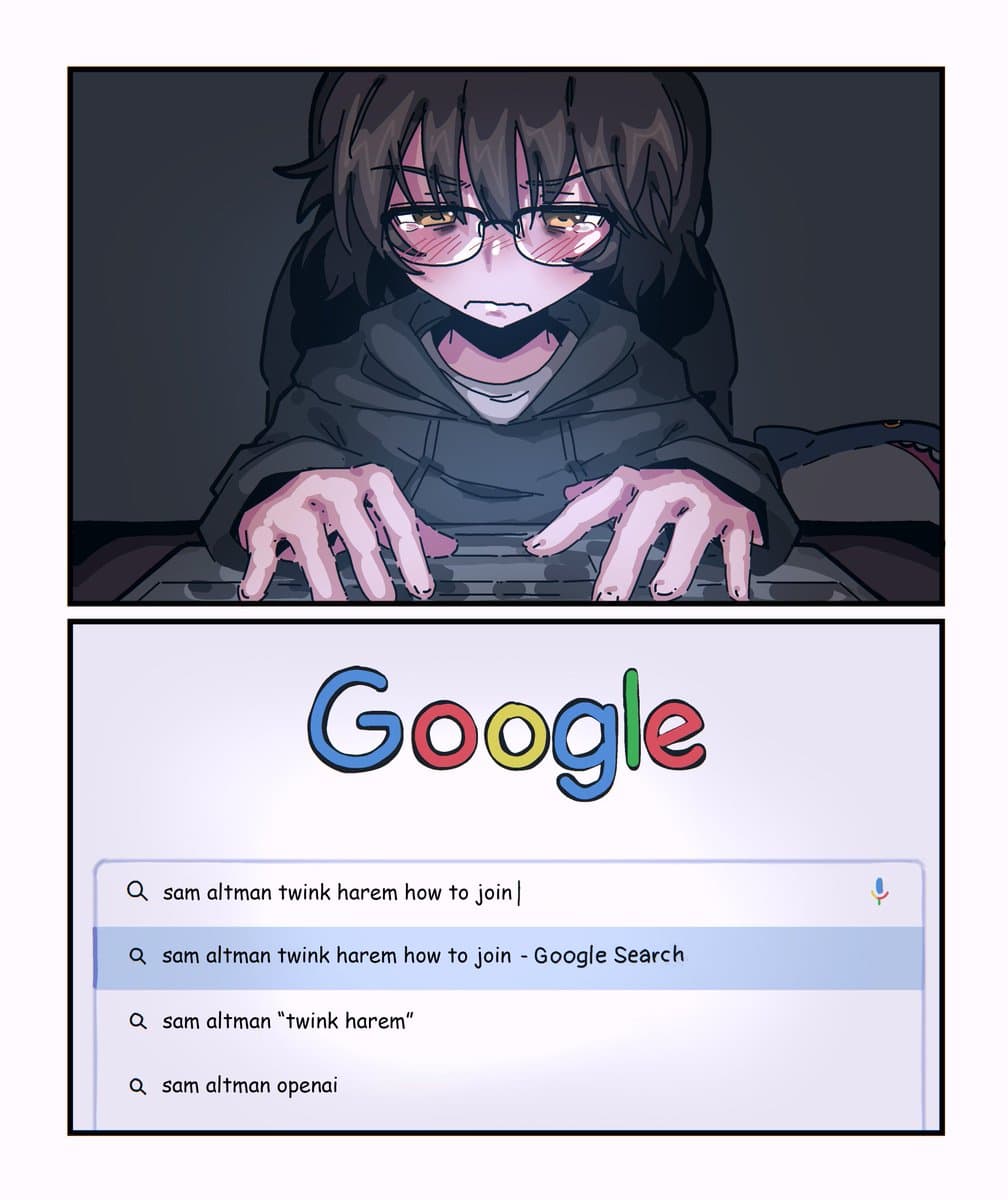 A two-panel digital illustration showing an anime-style character with glasses typing on a laptop, followed by a screenshot of a Google search page. The search bar contains the query 'sam altman twink harem how to join', with autocomplete suggestions listed below.