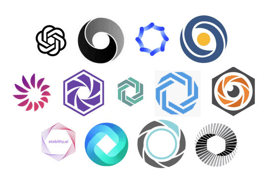 A collection of twelve distinct logos for artificial intelligence companies arranged in a grid on a white background.