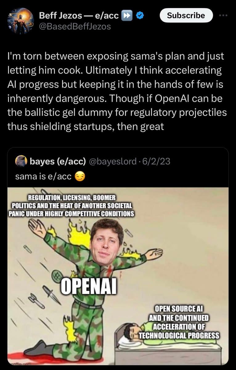 A screenshot of a Twitter thread featuring a post by Beff Jezos and a quoted tweet by bayes. The bayes tweet includes a meme depicting a figure with Sam Altman's face as a human shield protecting a sleeping figure from projectiles.