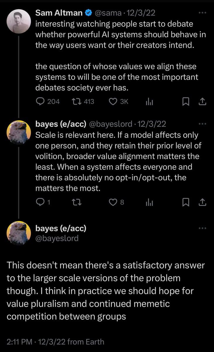 A screenshot of a Twitter thread showing a post by Sam Altman (@sama) about AI value alignment, followed by a reply thread from user bayes (e/acc) (@bayeslord) discussing the role of scale and value pluralism.