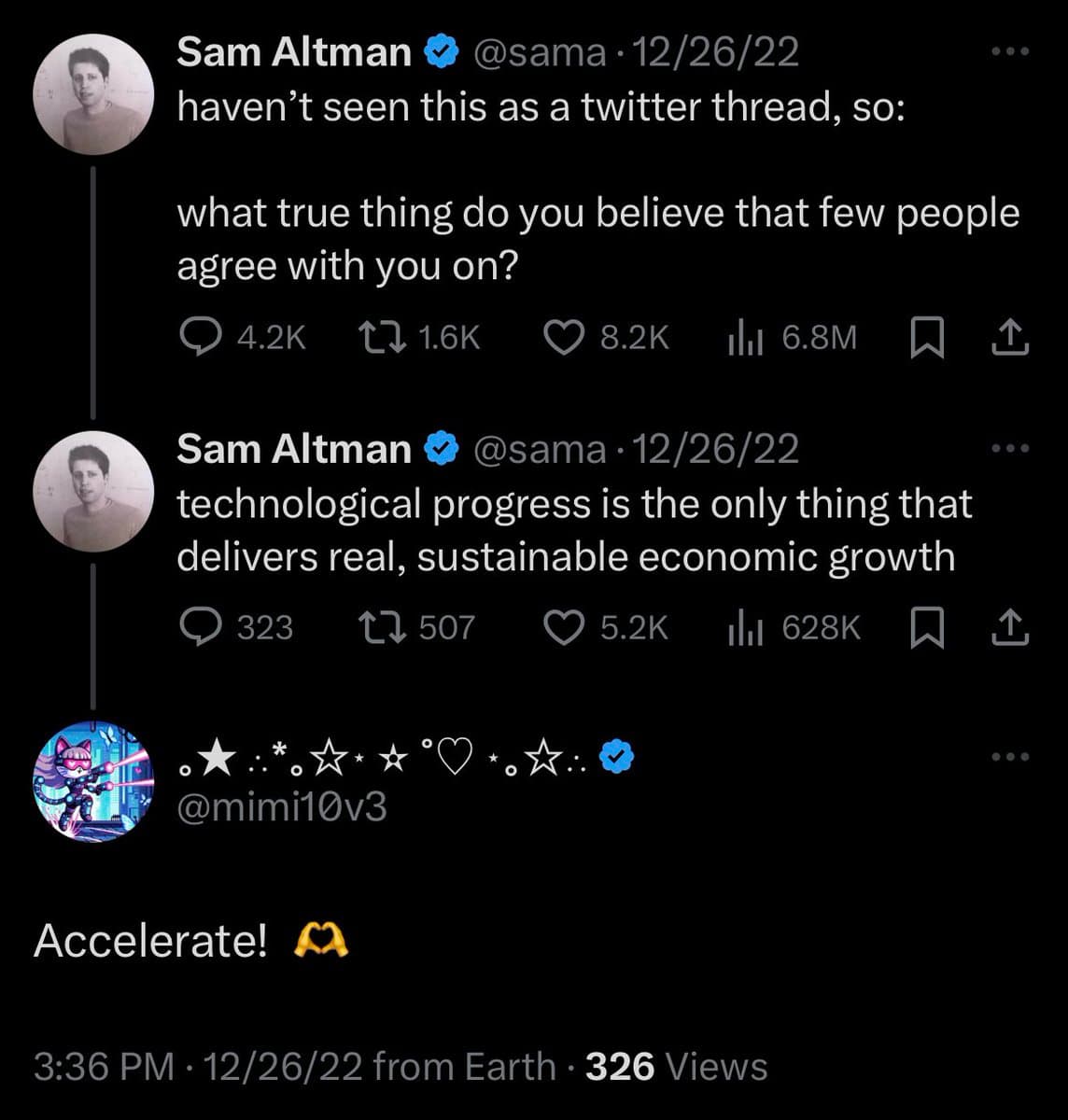 A screenshot of a Twitter thread featuring two posts by Sam Altman (@sama) and a reply from user @mimi10v3. The thread discusses technological progress and economic growth.