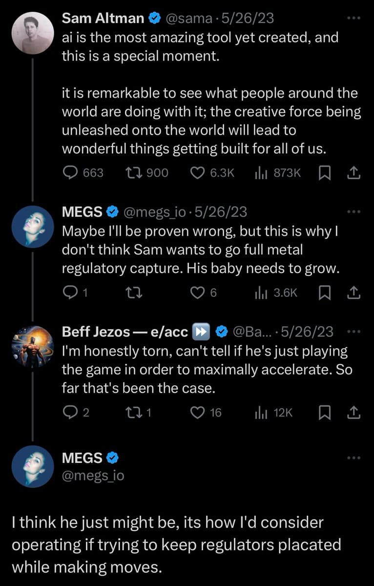 A screenshot of a Twitter thread featuring a post by Sam Altman and replies from users @megs_io and @Beff Jezos discussing his stance on AI regulation.