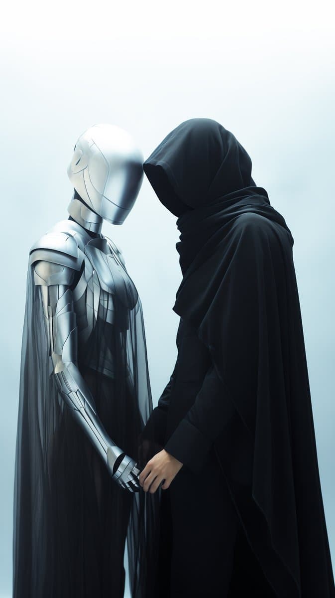 A digital illustration showing a silver humanoid robot and a figure in a black hooded robe standing face-to-face with their foreheads touching and hands clasped. The background is a plain, light blue gradient.