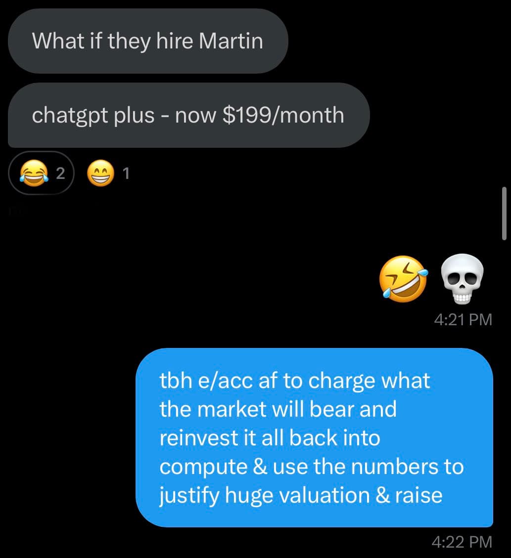 A screenshot of a text message conversation discussing the pricing and business model of ChatGPT Plus. The messages joke about the high cost and the company's strategy of reinvesting revenue into compute to justify its valuation.