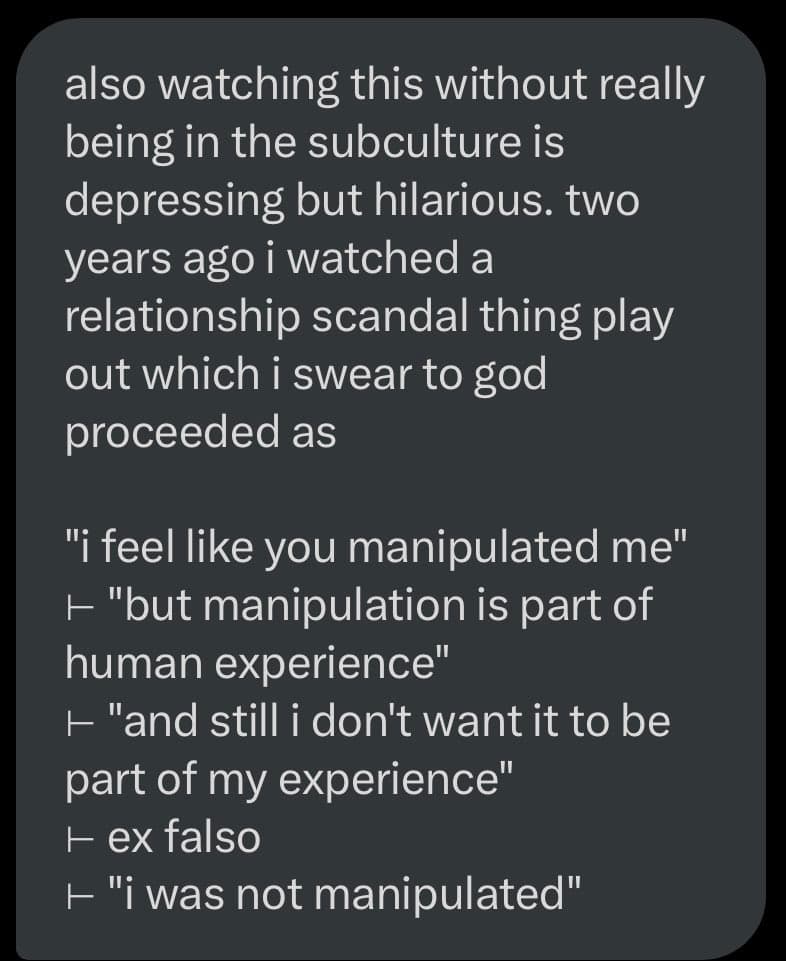 A screenshot of a text post on a dark background, sharing a humorous and depressing anecdote about watching a relationship scandal unfold from the outside. The text includes a quoted dialogue exchange illustrating a logical fallacy in the argument.