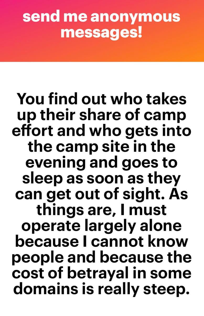 A screenshot of an anonymous message from the NGL platform, featuring a red-to-orange gradient header and a white body with black text. The message is a complaint about a group dynamic where one person does all the work while another sleeps, leading the author to operate alone due to trust issues.