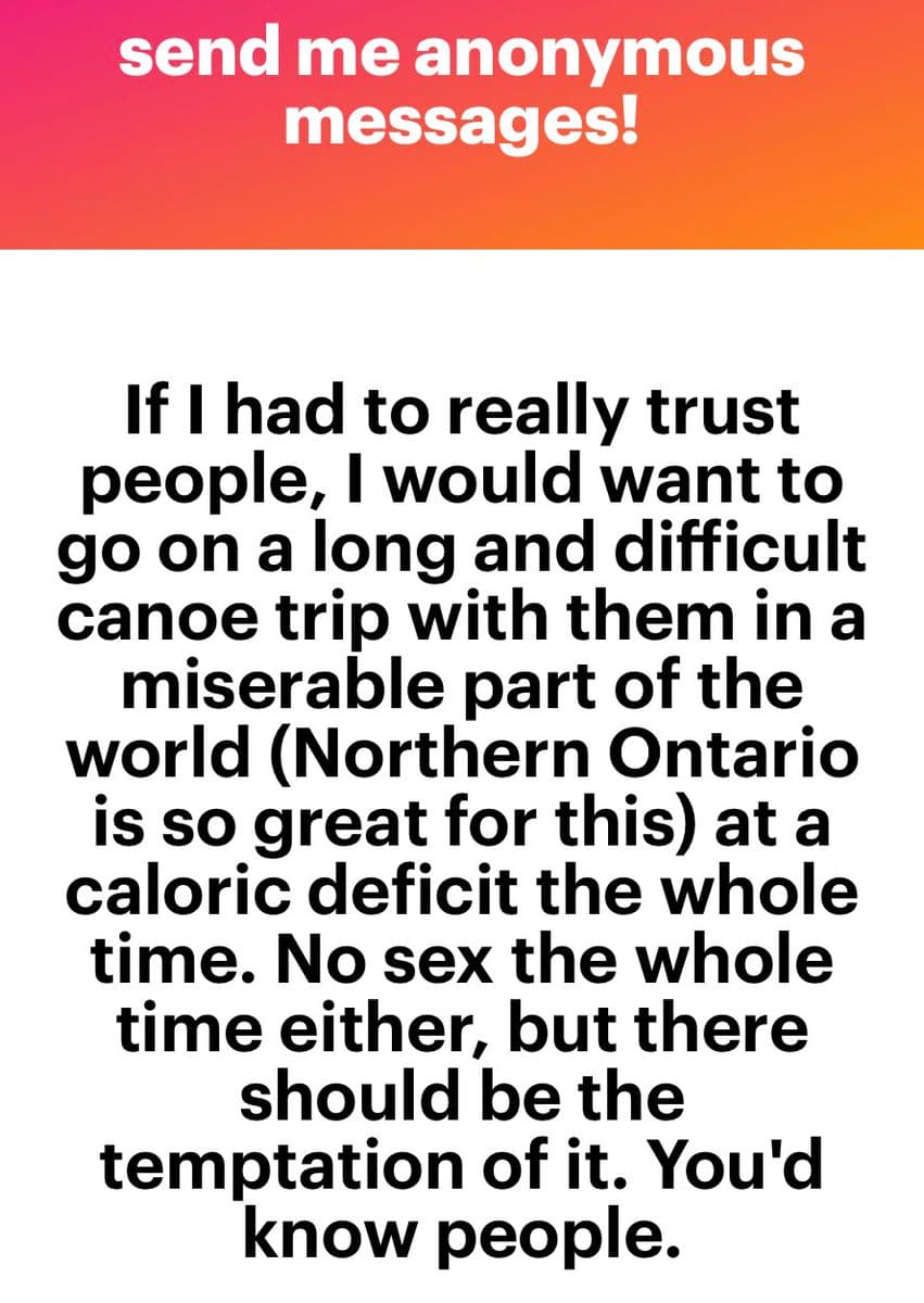 A screenshot of an anonymous message from the NGL platform, featuring a red and orange gradient header and a white body with black text. The message is a personal statement about the author's criteria for trusting people.
