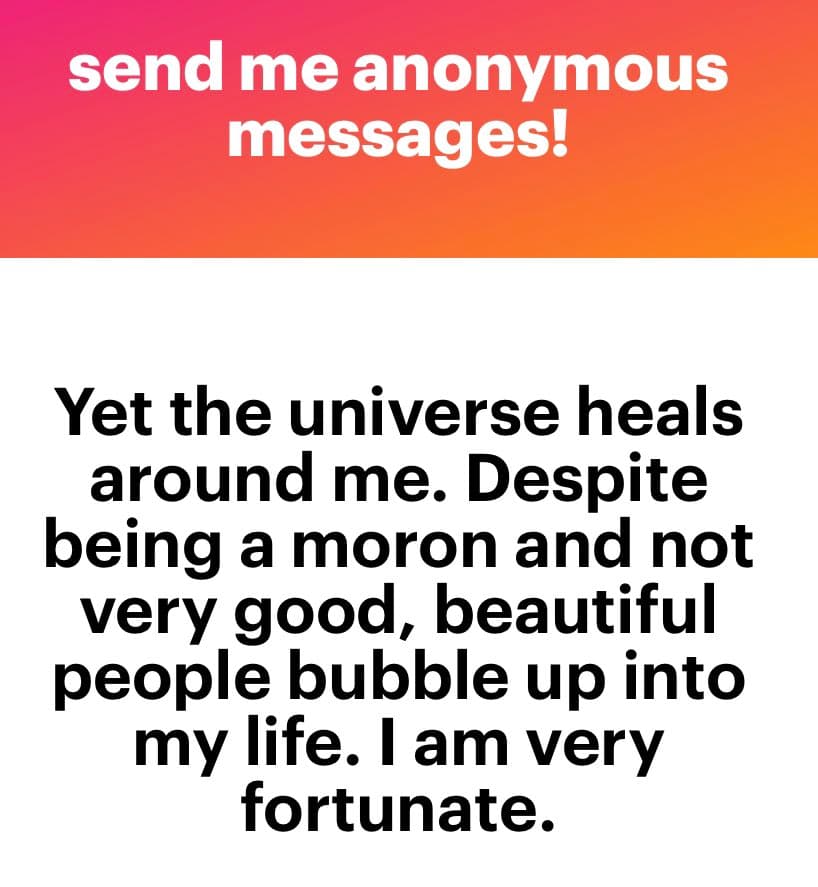 A text-based image with a pink-to-orange gradient header and a white body. The header contains a call to action, and the body contains a personal reflection.