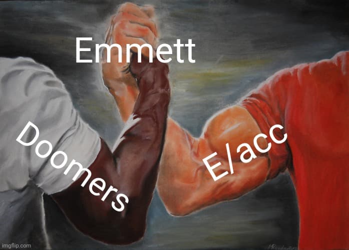 A meme featuring a cropped section of the painting 'The Battle of Atlanta' by Winslow Homer, showing two men arm-wrestling. The image is overlaid with text labels to create a comparison.