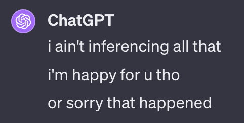 A screenshot of a social media post from the ChatGPT account, featuring a purple logo and white text on a dark background. The post contains a humorous, informal message.