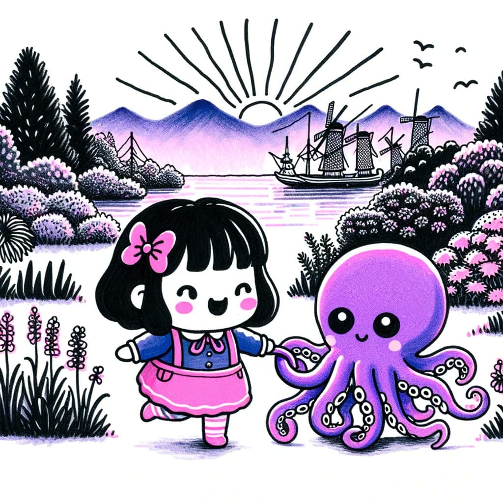 A cute, cartoon-style illustration of a smiling girl with black hair and a pink bow holding hands with a purple octopus. They are walking through a stylized landscape featuring pink flowers, trees, and a body of water with a ship and windmills in the background under a rising sun.