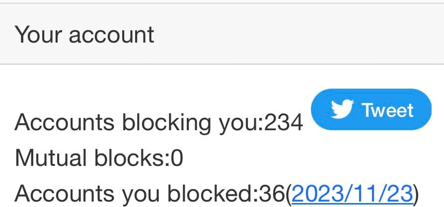 A screenshot of a Twitter account settings page showing block statistics. The image displays the number of accounts blocking the user, mutual blocks, and accounts the user has blocked, along with a date.