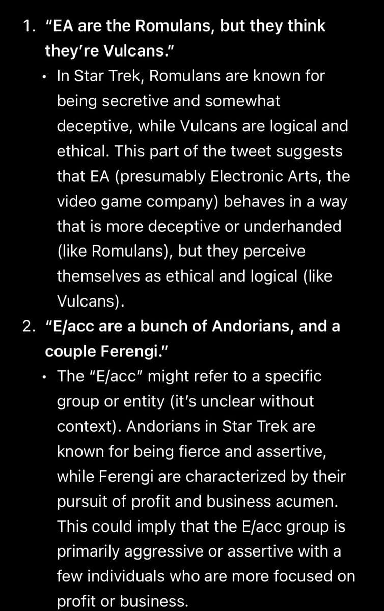 A text-based image on a black background that provides a numbered list of two Star Trek-themed analogies and their explanations. The text compares the video game company EA to Romulans and Vulcans, and a group called "E/acc" to Andorians and Ferengi.