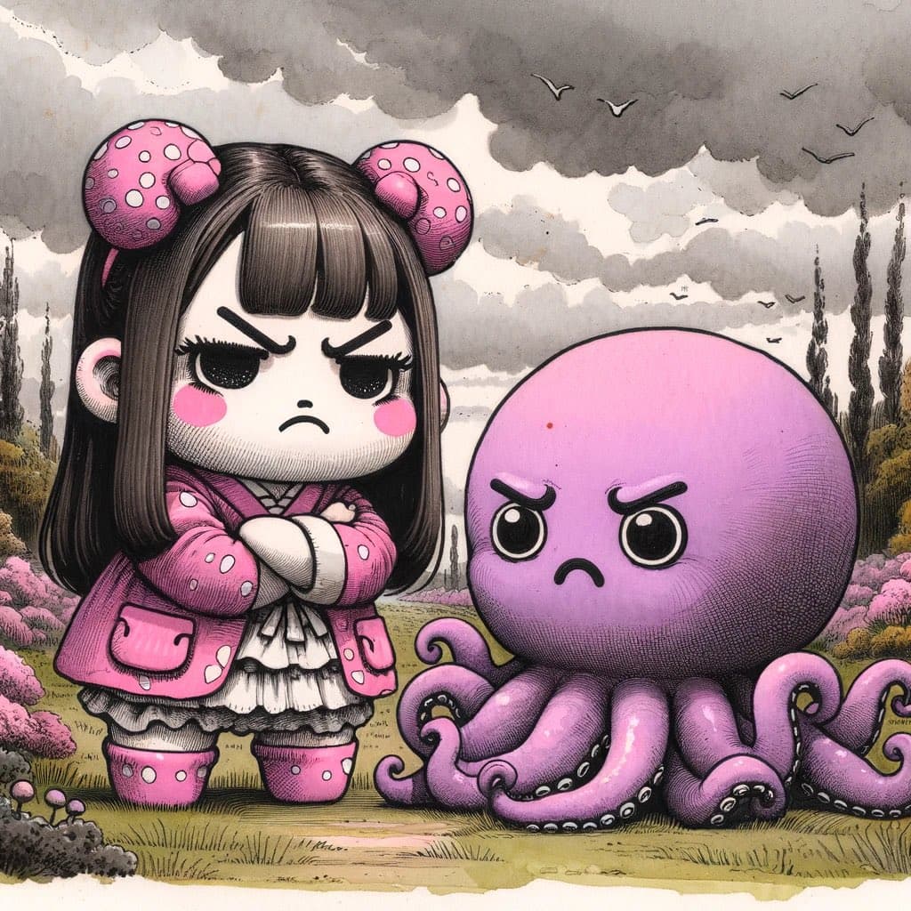 A digital illustration in a watercolor and ink style depicting a grumpy-looking girl with pink mushroom-themed hair buns and clothing standing next to an equally grumpy purple octopus. They are positioned in a field of pink flowers under a cloudy, stormy sky with birds flying overhead.