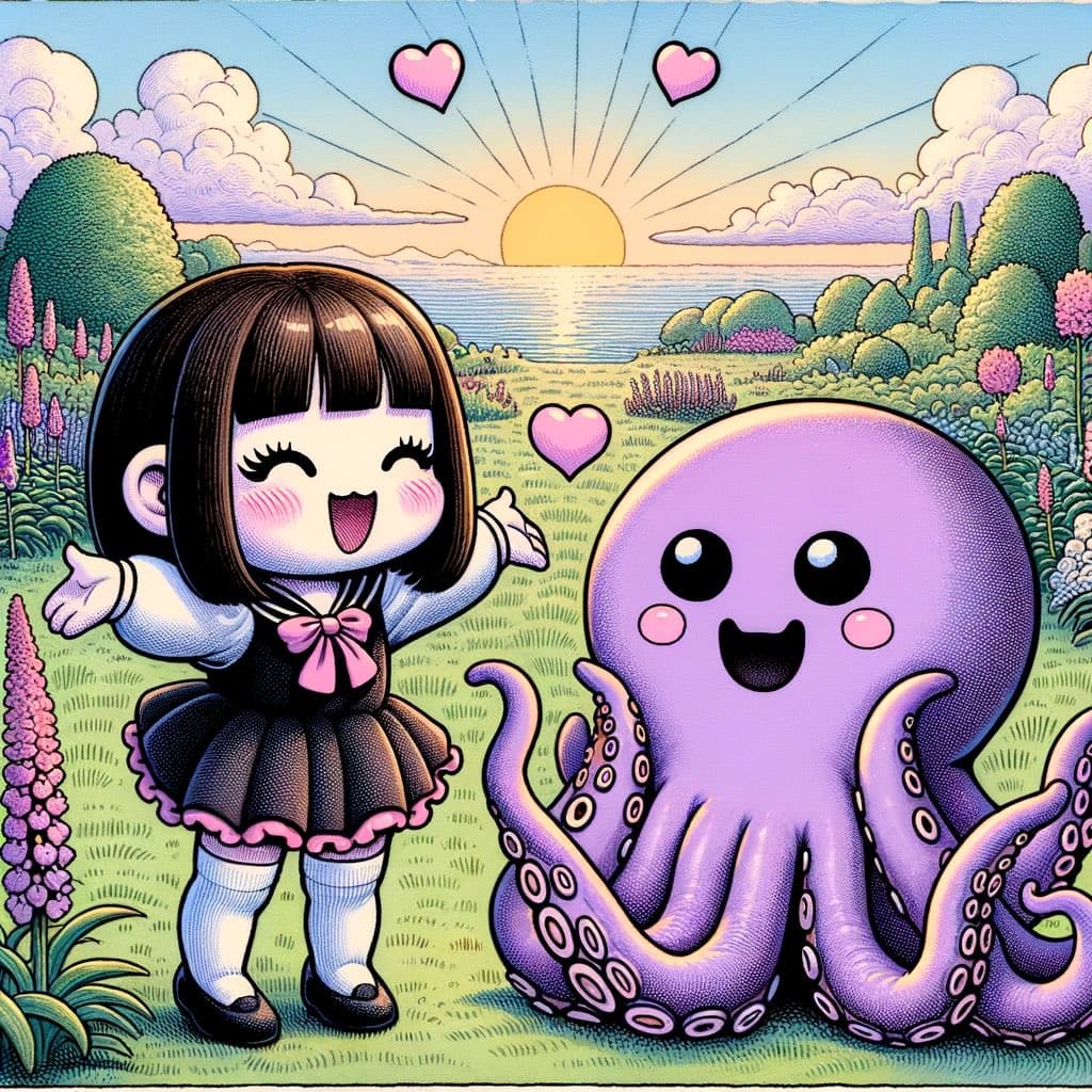 A cheerful, cartoon-style illustration showing a smiling girl in a sailor-style school uniform standing next to a large, happy purple octopus in a sunny, flower-filled field. The scene is bright and whimsical, featuring a rising sun and floating pink hearts in the sky.