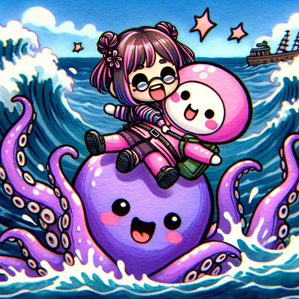 A colorful digital illustration in a cute, cartoon style showing a girl with pink hair and a pink character riding on the head of a large, smiling purple octopus in the ocean. The background features crashing waves, a blue sky with stars, and a distant ship.