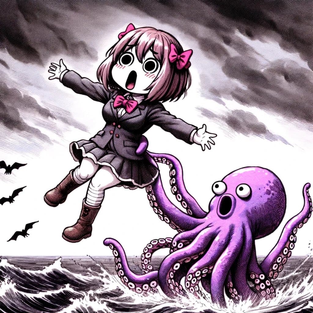 A manga-style illustration showing a frightened anime girl in a school uniform being lifted by a purple octopus in a stormy sea, with bats flying in the background.