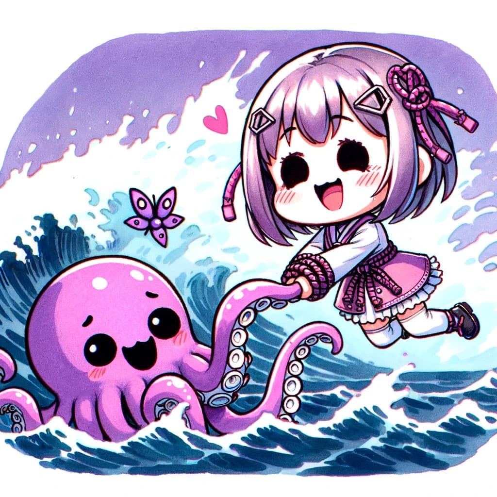 A cute, chibi-style anime illustration of a girl with short purple hair and a pink outfit holding the tentacle of a smiling purple octopus in the ocean. A small purple butterfly and a pink heart float in the background among the waves.
