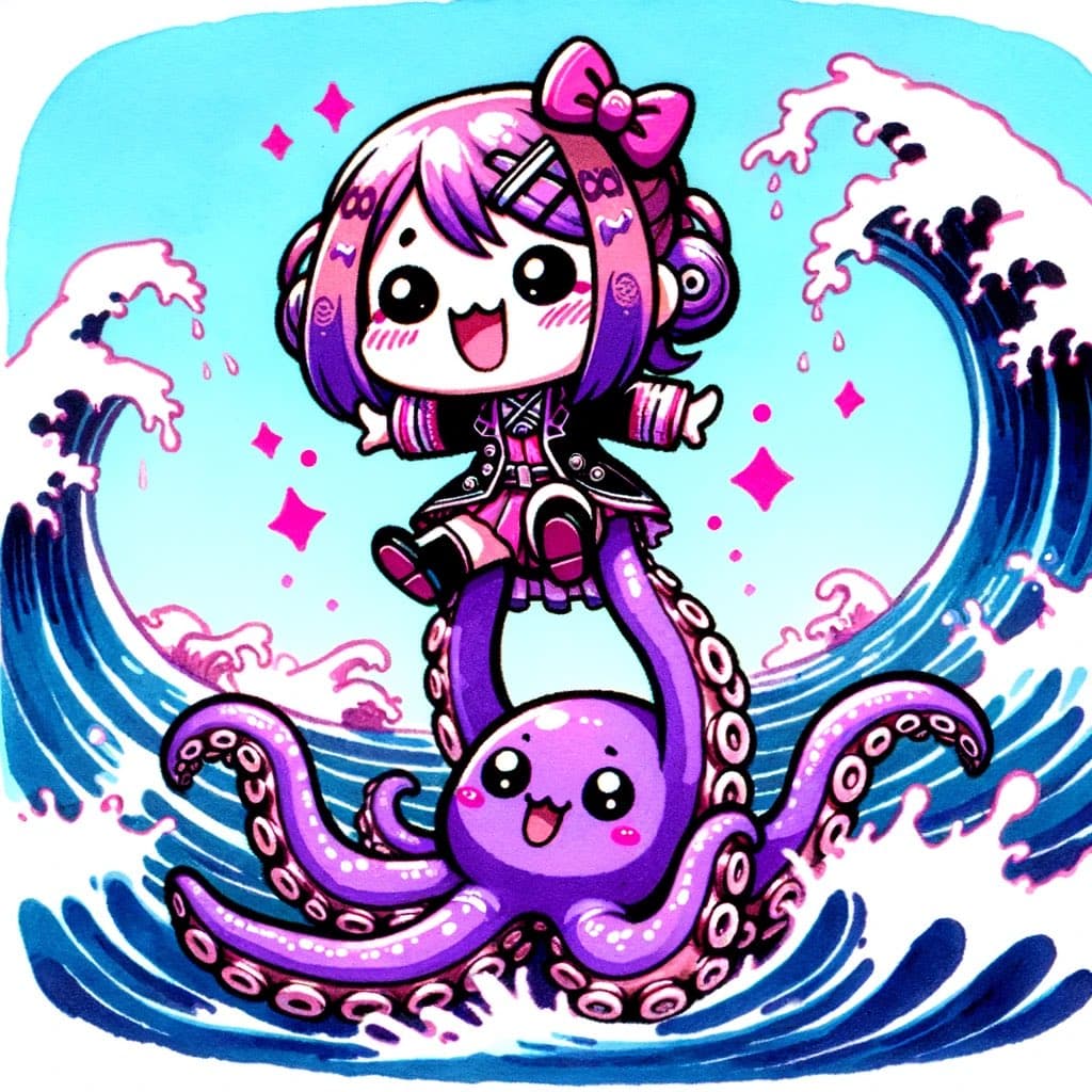 A cute, chibi-style digital illustration of a girl with purple hair and a pink bow riding on the tentacles of a smiling purple octopus, set against a background of stylized blue ocean waves.
