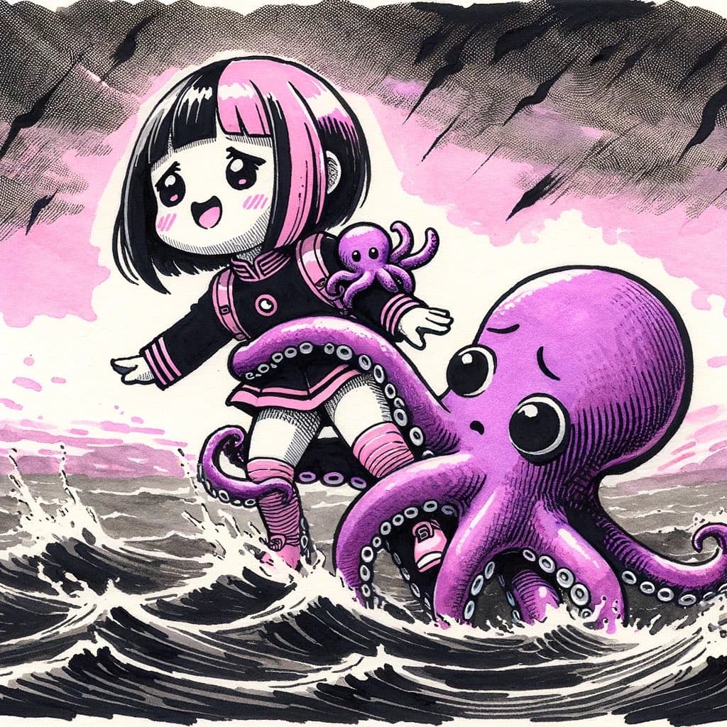 A digital illustration in a manga style depicting a girl with a black and pink bob haircut riding a large, purple octopus through choppy, dark waves. The girl wears a black and pink outfit, and a smaller purple octopus sits on her shoulder.