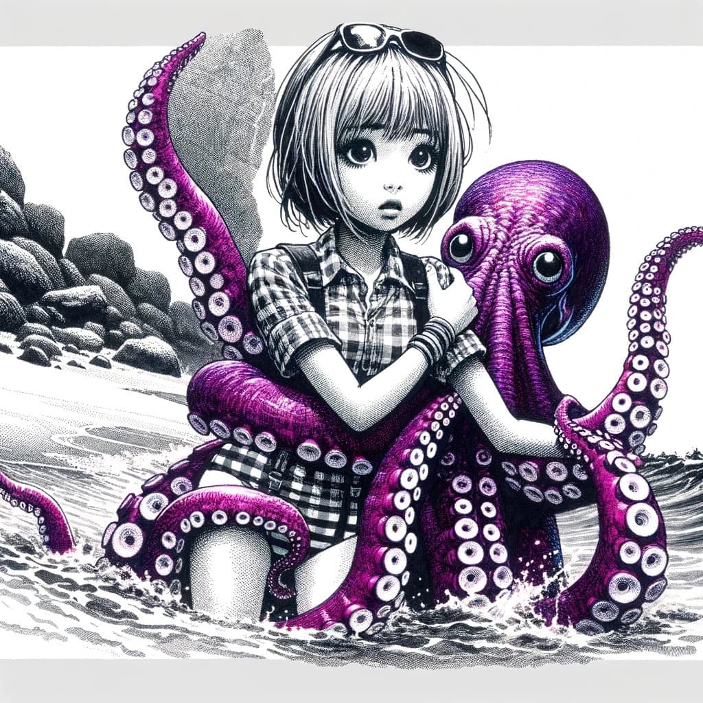 A digital illustration in a manga-inspired style depicting a young girl with short hair and sunglasses on her head, wearing a plaid shirt and overalls, standing in the ocean while being embraced by a large purple octopus. The background features a rocky shoreline and waves rendered in black and white, contrasting with the vibrant purple of the octopus.