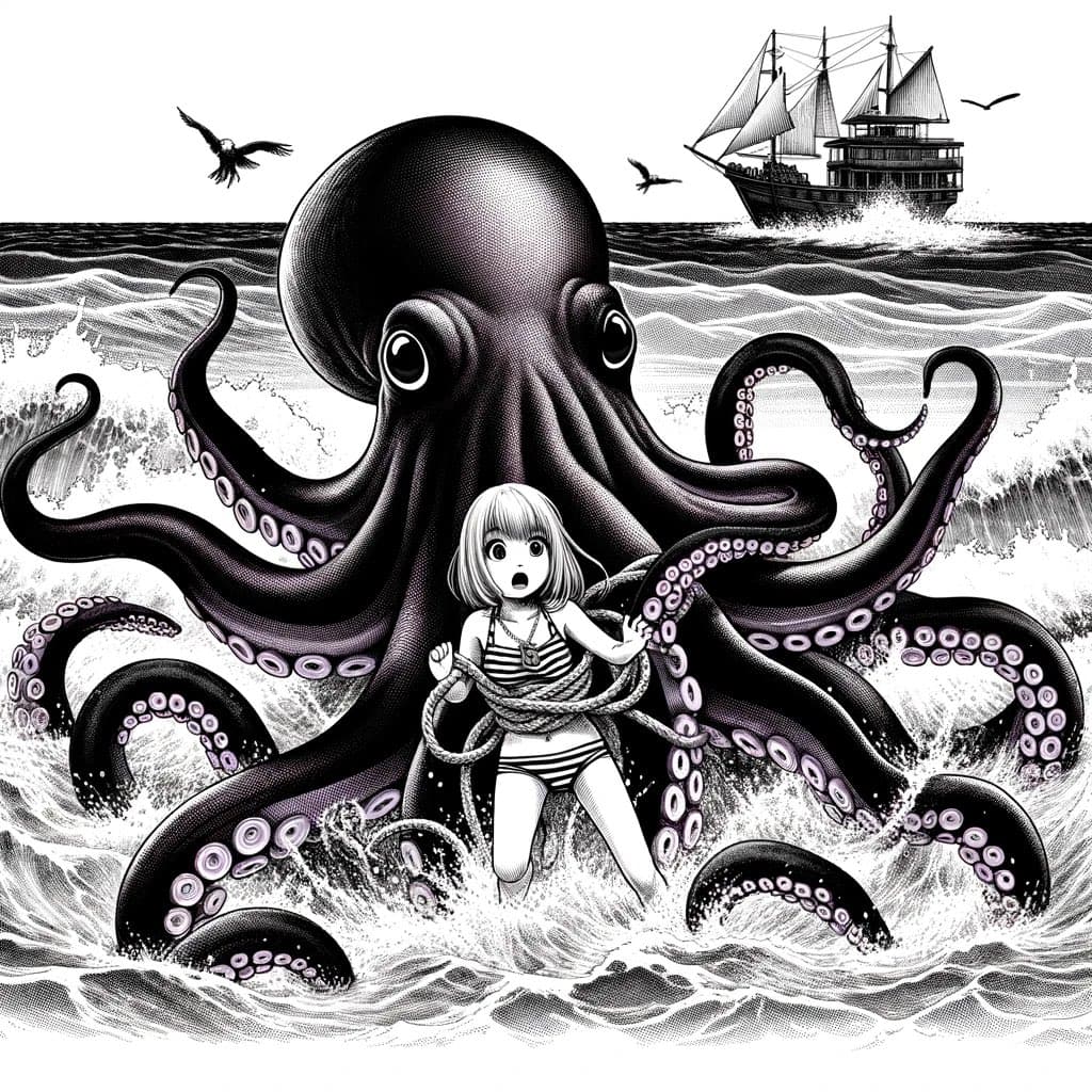 A black-and-white manga-style illustration depicting a giant octopus emerging from the ocean, with a surprised-looking girl in a striped swimsuit standing in front of it. In the background, a sailing ship is visible on the horizon, and seagulls are flying in the sky.