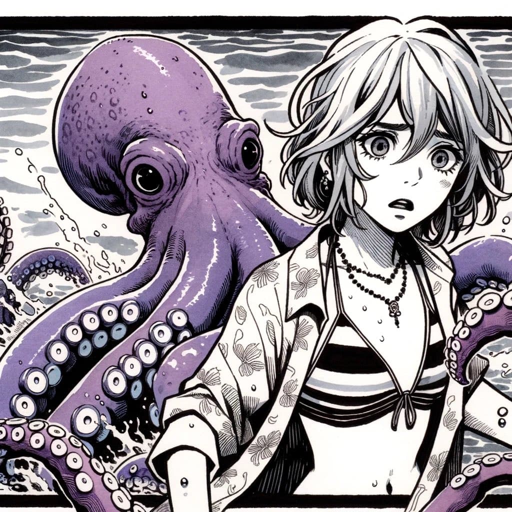 A manga-style illustration featuring a young woman with short hair and a surprised expression, wearing a floral shirt and striped top, while a large purple octopus wraps its tentacles around her in a body of water.