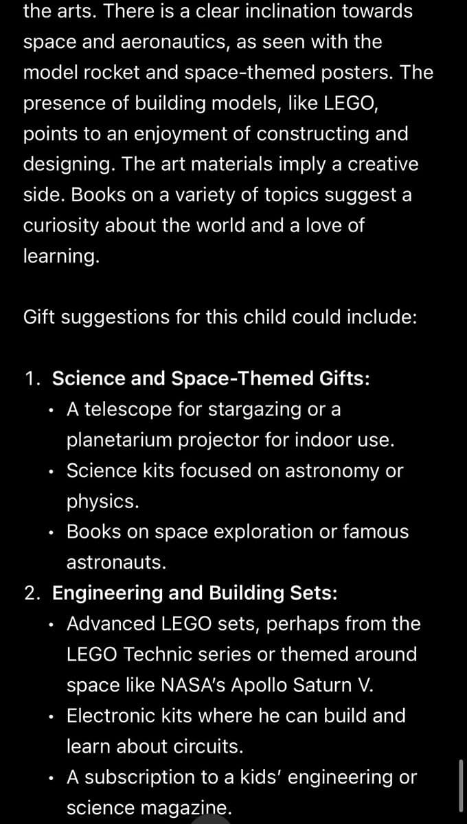 A screenshot of a text document on a black background, providing an analysis of a child's interests and suggesting corresponding gifts. The text is organized into paragraphs and a numbered list with bullet points.