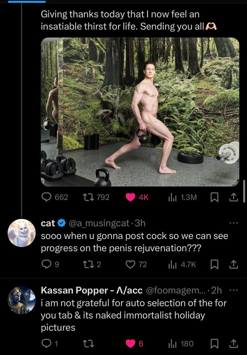 A screenshot of a Twitter conversation featuring a reply to a tweet about a 'For You' page. The original tweet includes a photo of a shirtless, muscular man performing a kettlebell exercise in a gym with a forest background. The replies below it are humorous comments about the image.
